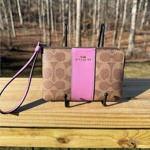 Coach Signature Brown and Pink Corner Zip Wristlet NWT
